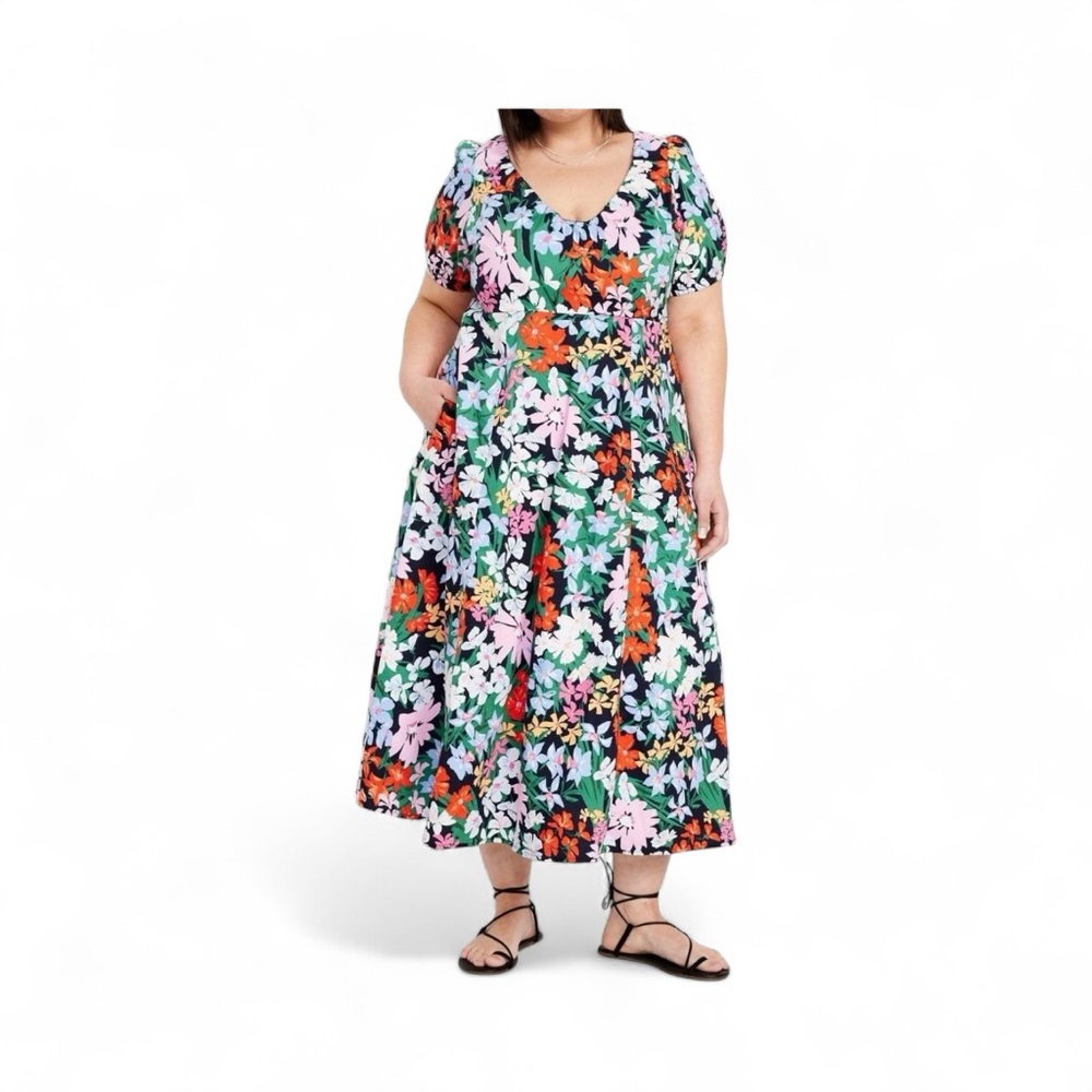 Floral Poplin Maxi Midi Swing Dress XXL Puff Pockets Smocked Back Flowy V-Neck